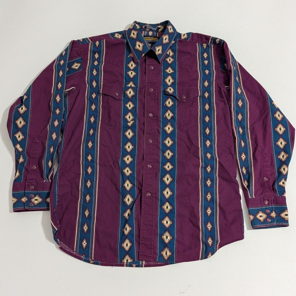 Panhandle Slim Shirt Men L Purple Aztec Western Pearl Snap Long Sleeve Rodeo Vtg